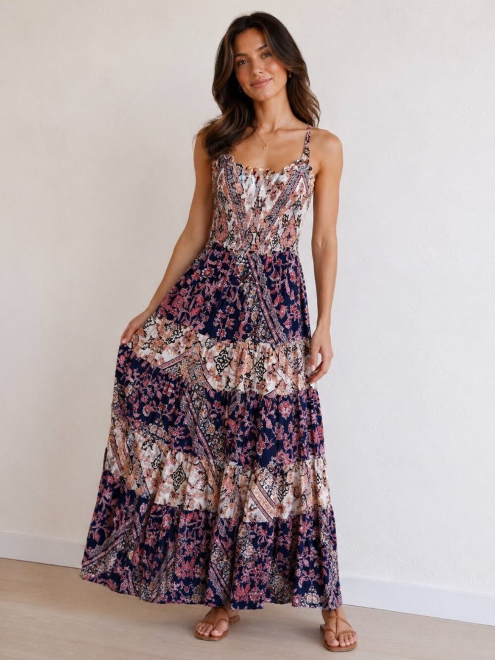 Abel The Label Tiered Smocked Top Floral Maxi Sundress Boho Small